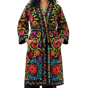 Women's <b>Long</b> Winter Bohemian Suzani Embroidered Floral 100% Cotton <b>Canvas</b> Breathable Eco-Friendly Jacket with Belt Closure ODM - Product Image 2