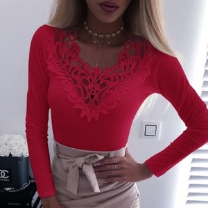 Sexy Korte Mouwen Kanten V-Hals Effen Kleur Stiksel T-Shirt Dames Doek Losse Blouse - Product Image 5