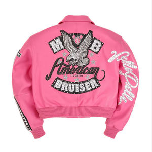 جاكيت نسائي جديد من الجلد الأصلي والماس والتطريز بالحروف العتيقة من جلد الضأن الأوروبي - Product Image 1