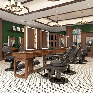 Station de coiffure de style vintage, meuble de salon en bois massif avec éclairage LED pour <span class=keywords><strong>barbier</strong></span> et salon de beauté - Product Image 5