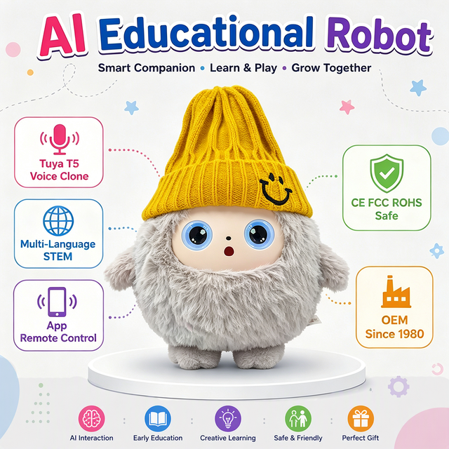 AI Educational Plush Robot Tuya T5, Voice Cloning Multi-Language Storytelling, App Remote STEM Toy,  CE FCC ROHS