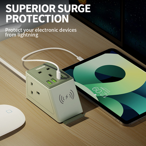 VINISEM 산업용 영국 그린/다크 그린/레드 파워 스트립 3 콘센트 USB-A 2 USB-C + 무선 충전 2M 연장 코드 소켓 (PC - Product Image 3