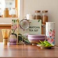 Ensemble de thé en porcelaine japonaise de la dynastie Song avec bol à matcha, brosse, tasse, mélangeur et filtre à motif de fleurs de cerisier pour la préparation du thé