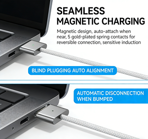 Câble d'alimentation blindé en nylon de 2 m 140 W Type-C avec connecteur magnétique pour appareils <span class=keywords><strong>Macbook</strong></span> <span class=keywords><strong>Pro</strong></span>/Air – Câble de charge et de données avec garantie - Product Image 2