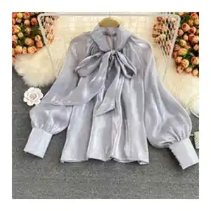 Women's Clothing Suppliers 2023 Autumn New Loose Bow Blouses Women Vintage Long Sleeve Organza Shirts Ladies Casual Tops