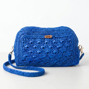 Bolso de Mano Pequeño de Crochet de Lujo para Mujer, Estilo Bohemio Azul de Verano con Correa, Patrón Geométrico, para Uso Diario - Product Image 1