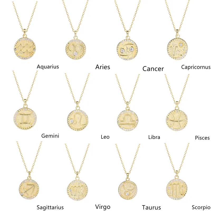 Alla moda Dei Monili di modo dell'argento sterlina 925 18K placcato oro di Zircon moneta zodiaco collana delle donne