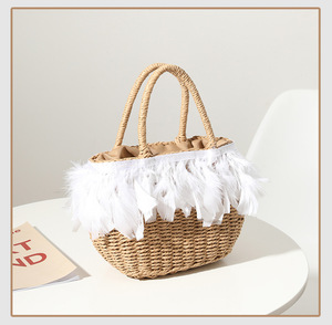 Pochette de Shopping en papier, tissée à la main avec Crochet de <span class=keywords><strong>plage</strong></span>, de Style bohémien, sac à main seau à cordon décoratif en plume, nouvelle collection - Product Image 3