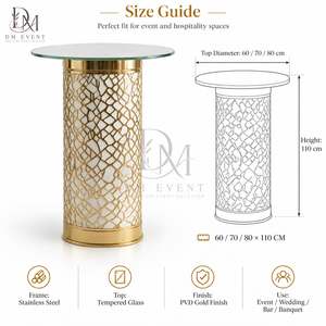 Table de cocktail ronde pour soirées cocktails avec base en acier inoxydable doré à motif diamant et plateau en verre trempé miroir - Product Image 5