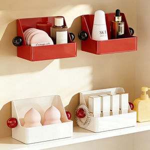 Cosmetic Storage Box Wall Mounted Plastic Makeup Organizer Bathroom Shelf Desktop Skincare Holder Red White - Product Image 1
