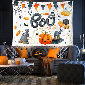 Tapisserie murale de dessin animé pour Halloween, décoration murale en polyester imprimé, rectangulaire, décoration pour la maison avec fantôme, citrouille, chapeau de sorcière - Product Image 2