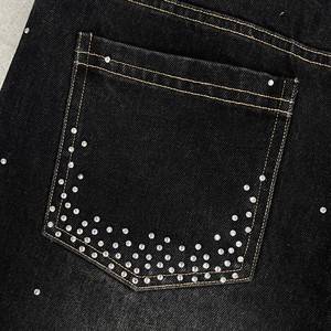 Shorts <span class=keywords><strong>en</strong></span> <span class=keywords><strong>jean</strong></span> streetwear personnalisés avec broderie de patchs, délavés à l'acide, effet soleil, jorts <span class=keywords><strong>en</strong></span> denim vieilli avec strass - Product Image 3