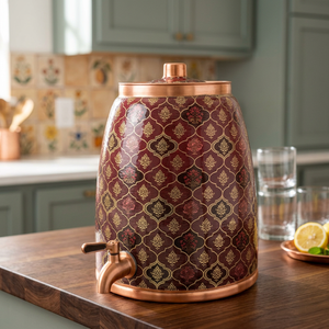 Distributeur d'eau en acier inoxydable avec motif rouge et doré, fonctionnement manuel, chargement par le haut, usage domestique - Product Image 2