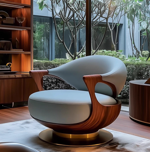 Poltrona Lounge dal Design Moderno in Legno Massello di Frassino e Noce Nuova Sedia Divano dal Design Creativo in Vera Pelle per Soggiorno di Casa e Villa - Product Image 4