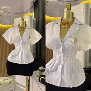 Kurzarm V-Ausschnitt Korsett-Hemden für Damen Elegante Büro-Arbeitshemden Blusen Tops Karriere-Kleidung Slim Fit - Product Image 1