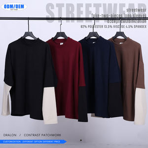 T-shirt vintage à manches longues pour homme, style streetwear, effet deux-pièces, en fibre Dralon, patchwork contrastant, design uni - Product Image 5