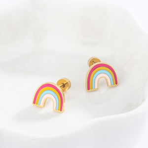 Pendientes de Acero Inoxidable con Baño de Oro de 18K y Esmalte Colorido Arcoíris para Niños, Venta Directa de Fábrica, Oferta 2025 - Product Image 3