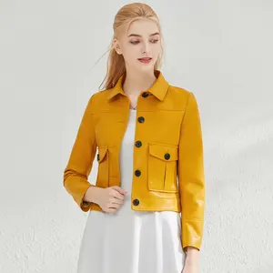 2020 秋季新款仿皮夹克女式长袖口袋黄色机车大衣女PU皮夹克基本款外套外衣