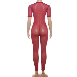 ZHEZHE été <span class=keywords><strong>rouge</strong></span> Sexy col en v profond combinaison minuit Clubwear pour femmes 2024 manches courtes voir à travers Coquette combinaisons maigres - Product Image 6
