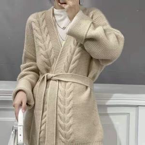 Suéter de lana 100% grueso de siete agujas para <span class=keywords><strong>mujer</strong></span>, personalizado, informal, antiarrugas, de longitud media, sin botones, holgado y de punto largo. - Product Image 2