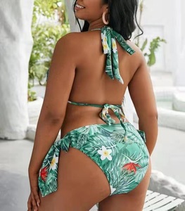 Plus Size <strong>Fat</strong> <strong>Girl</strong> Two Piece Green <strong>Micro</strong> String Straps Floral Print Halter Neck Backless Triangle Top <strong>Bikini</strong> Swimwear for Women - Product Image 3