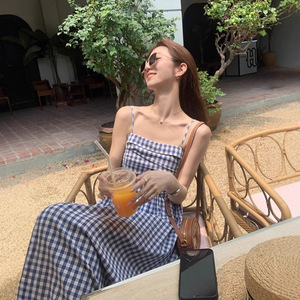 Plaid Strapless Dress Fitted Waist Long Summer Beach Vacation Casual Dress - Product Image 3