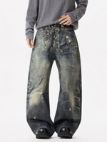 Jean en denim délavé coupe droite pour homme, style streetwear, brodé, orné, coupe ample, personnalisé, automne-été