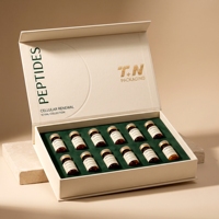 Boîte rigide personnalisée avec couvercle et base blancs pour flacons de peptides, 12 flacons, logo estampé en feuille d'argent avec éponge