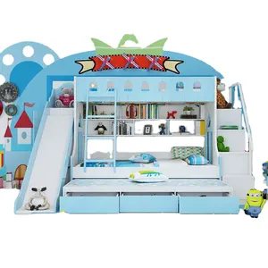 Litera de madera MDF para niños, mueble de dormitorio con almacenamiento, moderna, azul cielo y rosa, caja de cartón