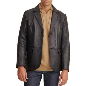 Custom Men's Leather <b>Blazer</b> Regular Fit British Style Notched Collar Classic <b>Button</b> Closure Woven Fabric - Product Image 1