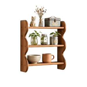 Solid Wood <b>Wall</b> Mounted Storage <b>Rack</b> 3 Tier Wave Shape Floating Shelf For Kitchen <b>Spice</b> Display - Product Image 5