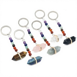 Rose Quartz Key Chain Colorful Stone Double Pointed Hexagon Cone Pendant