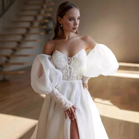 Robe de mariée robe de mariée col en V détachable manches longues bouffantes fente haute sangle de recul petite dentelle décalcomanie perle broderie