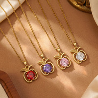 Collar de Cadena con Colgante de Manzana Pequeña de Acero de Titanio de Alta Calidad con Circonitas de Colores para Mujer, Joyería de la Serie Frutas
