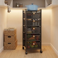 Chariot de rangement multi-niveaux intérieur à roulettes avec paniers en maille extractibles pour fruits, légumes et condiments