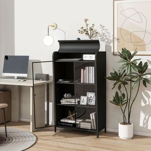 47.6\" Tall Metal Storage Cabinet Glass Doors Flip-Top 4-Tier Display <b>Open</b> Shelves Freestanding Steel Sideboard Living Room Room - Product Image 2