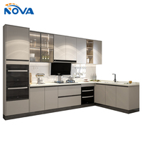 Meuble de cuisine moderne en L, corps en MDF, porte laquée brillante avec panneau d'îlot, vente en gros