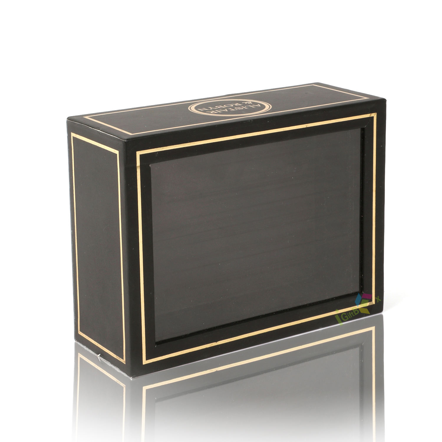 Emartbuy Boite Cadeau De Présentation Carrée Rigide De Luxe, 20 Cm X 20 Cm X 8 Cm, Effet Marbre Bleu/Gris Avec Lignes Origami Or, Intérieur à Carreaux Roses, Haut Transparent Et Ruban