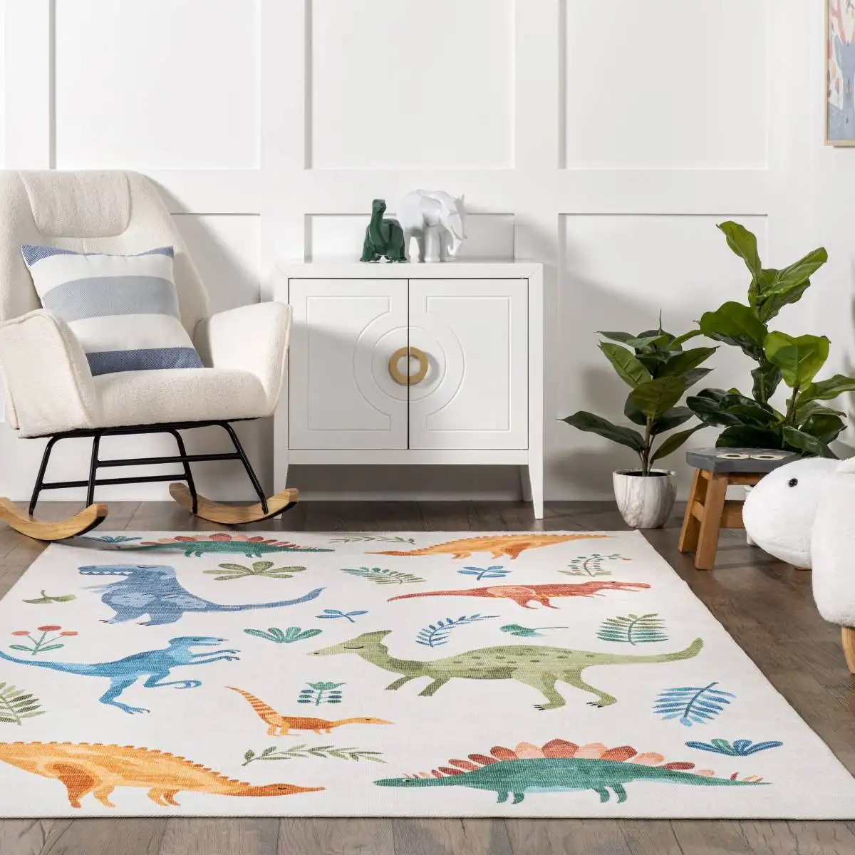 White Multi Kayleigh Kids Washable Dinosaur Area Rug