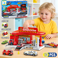 Ensemble de jeu multifonctionnel 3-en-1 HTL : Station-service, parking et voitures miniatures en métal moulé sous pression – Pour les 5 ans et plus, unisexe
