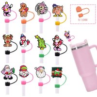 Achetez des capuchons de pailles réutilisables en silicone de 10 mm, accessoires de bar DIY, décorations de pailles de la série Noël en dessin animé, breloques pour gobelets