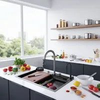 Évier de cuisine en acier inoxydable avec deux bacs et sortie d'eau en cascade