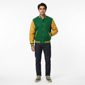 Autumn Winter Casual Men's Varsity Jacket Polyester/Cotton Blend High Quality Breathable Stand Collar Front Logo <b>Covered</b> <b>Button</b> - Product Image 1