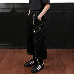 <span class=keywords><strong>Pantaloncini</strong></span> Cargo da Uomo Oversize in Denim Lavaggio Chiaro, Gamba Larga, Lunghezza al Polpaccio, con Multitasche, Stile Streetwear - Vendita all'Ingrosso - Product Image 4