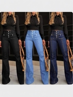 Jean droit taille mi-haute pour femme, coupe classique, avec boutons, design simple, élastique, style sportif, dégradé de couleurs printanières