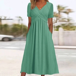 Abito lungo estivo da donna a righe stampato, stile europeo-americano, girocollo, a maniche corte, alla moda e sexy, il più venduto - Product Image 4