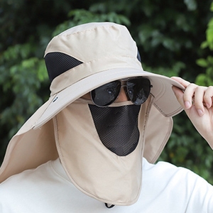 Chapeau de soleil pour activités de plein air (surf, randonnée, camping, plage), chapeau de pêcheur avec masque facial et protection de nuque, chapeau à large bord type baril - Product Image 5