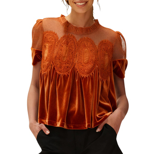 Nouvelle Blouse en Velours et Dentelle pour <span class=keywords><strong>Femme</strong></span> Printemps 2026, Col Rond, Manches Courtes, Coupe Évasée, Haut Élégant et Ample avec Design Intricate au Dos - Product Image 1