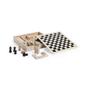 हॉट सेल प्रमोशनल 5 इन 1 गेम्स मिकाडो/शतरंज/चेकर्स/डोमिनोज़ गेम्स बच्चों, वयस्कों के उपहारों के लिए एक लकड़ी के बॉक्स में सेट