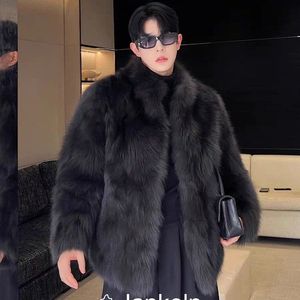 Cappotto Invernale <span class=keywords><strong>da</strong></span> <span class=keywords><strong>Uomo</strong></span> in Finta Pelliccia di <span class=keywords><strong>Visone</strong></span> e Volpe con Collo Alto, Nero - Product Image 4